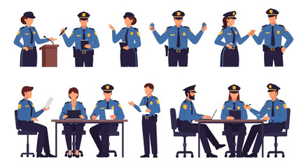 Adobe illustrator artwork vector illustration set of diverse male and female police officers in various poses. Represents law enforcement professionals