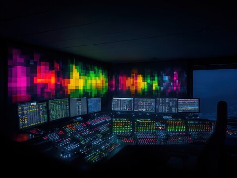 Dark control room with colorful pixelated audio waveforms - Powered by Adobe