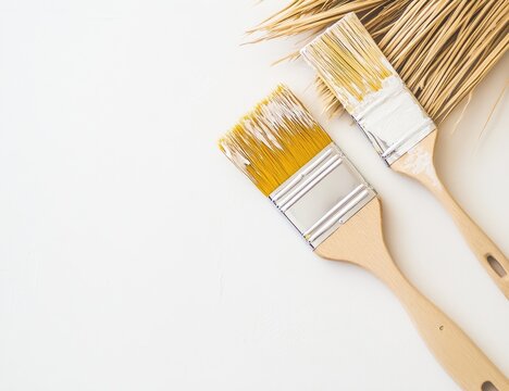 Two paintbrushes, one gold, one white, on a white background, with a bundle of straw-like objects in the background