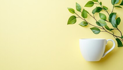 A pale yellow surface with a white cup and sprig of green leaves