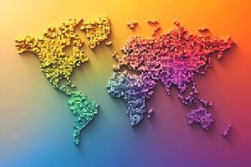 Abstract world map composed of colored squares in gradient, modern style