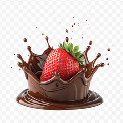 realistic 3d chocolate cream splash into strawberry in crown style isolated on transparent background