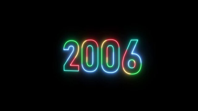 2006 neon line text. Abstract 2006 neon text animation ,Four color neon Glowing neon number 3D text background. right, left, up, down lopped text position.