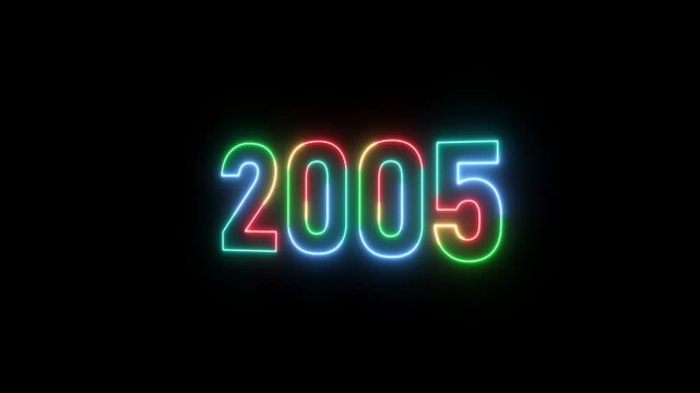 2005 neon line text. Abstract 2005 neon text animation ,Four color neon Glowing neon number 3D text background. right, left, up, down lopped text position.