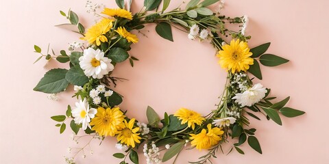 Floral wreath of yellow and white flowers on pink