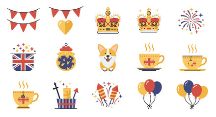 A collection of cheerful British celebratory icons, including crowns, flags, corgis, teacups, and fireworks.