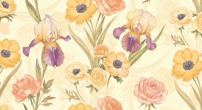 Floral harmony irises anemones  roses gently merge in watercolor elegance