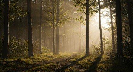 Obraz premium Forest Dawn Sunlight Streams Through Misty Woods