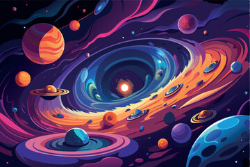 Vibrant cosmic landscape depicts swirling galaxies and planets in colorful space