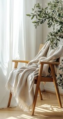 A light beige blanket draped over a wooden chair near a window with sheer curtains and a potted olive tree