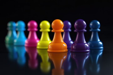 3D pawns in vivid colors grouped by categories, black backdrop, segmentation concept