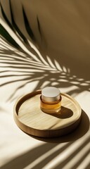 Cream jar on wooden tray, sunlit shadows