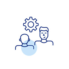 Fototapeta premium Two men on interview or conversation and cogwheel. Collaborative settings, communication management, interview configuration, dialogue optimization, user interaction control. Pixel perfect, editable s