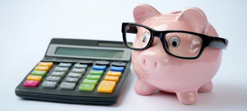 The piggy bank wearing glasses next to a calculator for financial planning.