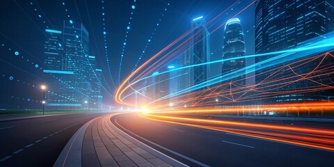 Obraz premium Futuristic City Sunset Highway Neon Light scape Stock Illustration , A futuristic city with glowing neon lights and a bridge,