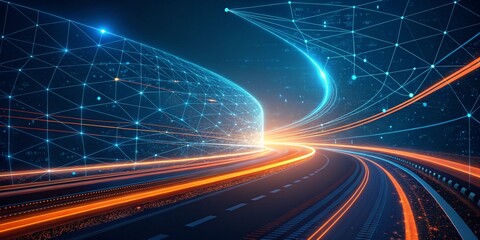 Obraz premium futuristic, illuminated, skyline, cyberspace, future, glow, glowing, horizontal, innovation, neon, photography, speed, connect, connection, cyber, global, information, network, reflection, wireless, c