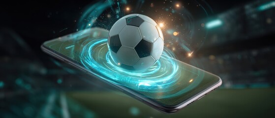 The smartphone displaying a holographic soccer ball in an immersive sports experience.