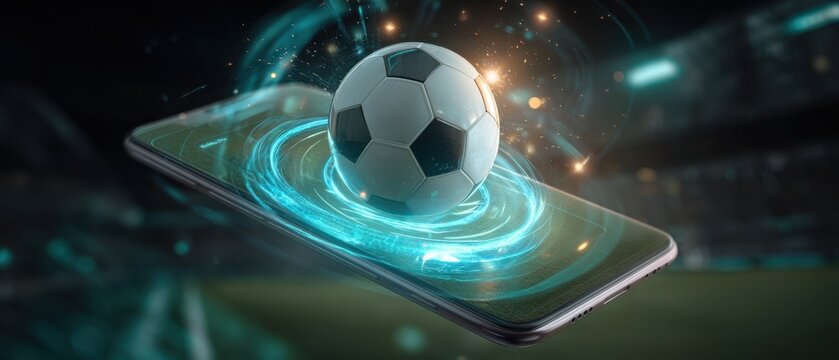The smartphone displaying a holographic soccer ball in an immersive sports experience. - Powered by Adobe