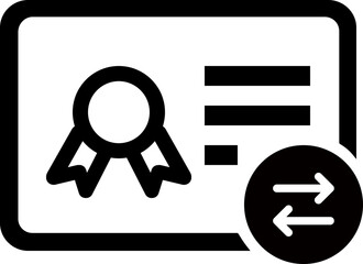 Illustration of a certificate with a seal and transfer arrows in black and white design style
