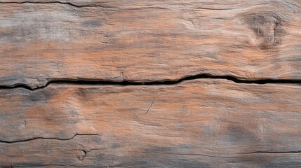Fototapeta premium Close-up of weathered, dark-brown wood plank with a crack. Texture and grain are prominent