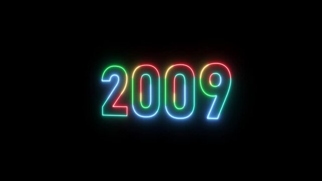 2009 neon line text. Abstract 2009 neon text animation ,Four color neon Glowing neon number 3D text background. right, left, up, down lopped text position.