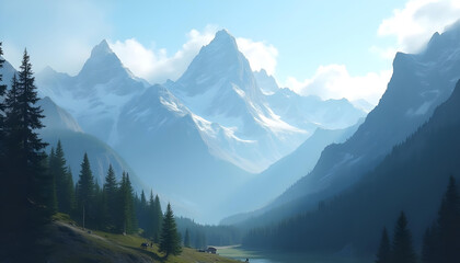 Fototapeta premium swiss alps in the morning, mountain landscape in the morning, mountain landscape with clouds, beautiful mountain view wide range