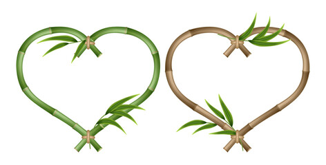 Bamboo heart-shaped frame made of green and brown bamboo stalks tied with a rope. A set of wooden bamboo frames