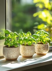 Three small potted basil plants sit on a windowsill, bathed in sunlight