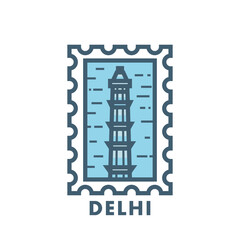 Vector stamp of Delhi, India minar, tower, landmark, city symbol. Thin line pictogram, skyline emblem, logo, icon graphic. Flat, blue, cool