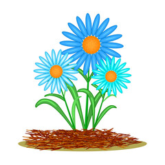 Mulch gardening concept with flower and red mulch on white background. Mulching of plants, soil protection. Landscape design mulch. Agriculture countryside outdoor seasonal work. Vector illustration