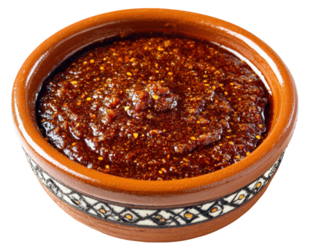 Spicy salsa in traditional ceramic bowl, rich red color, isolated on transparency background, authentic Mexican food, appetizing and flavorful dip