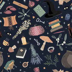 Witchcraft seamless pattern with magic and spiritual things. Girly background.