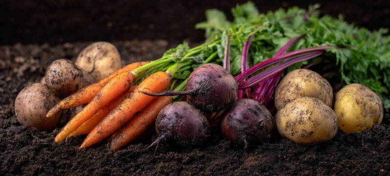 The vibrant assortment of freshly harvested root vegetables on fertile soil.