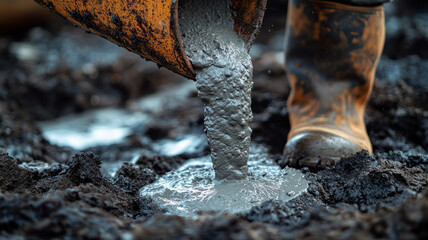Concrete being poured onto wet soil by muddy boots.