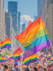 Pride parade with rainbow flags in a city setting.