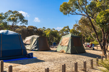 Camping site with tents set up on a day, Deep Creek, Fleurieu Peninsula, South Australia