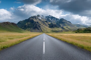 Naklejka premium An asphalt road stretches towards mountains under a cloudy sky