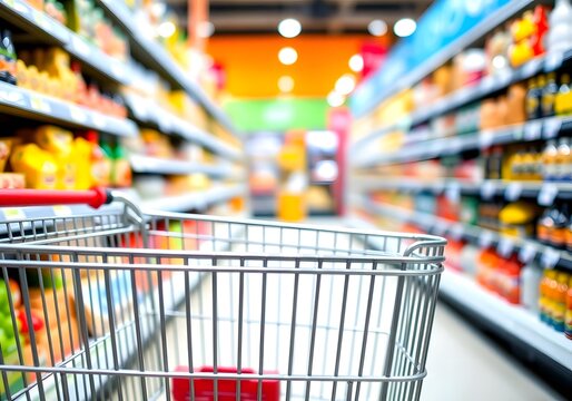 Part of shopping trolley in supermarket aisle.Blurred shelves in grocery store and trolley. Copy space for text or design.shopping cart handle with yellow grip red accents,Shopping cart in supermarket