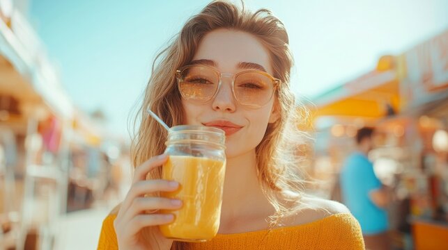 A young woman with glasses drinks a smoothie at the fair on a sunny day. Summer activities, healthy lifestyle. - Powered by Adobe