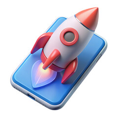 Cartoon rocket launching from smartphone app isolated on transparent background