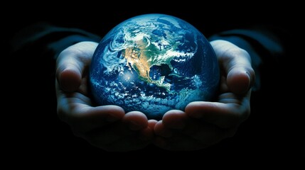 Hands hold a globe with blue oceans and green continents, symbolizing care for the planet. Suitable for environmental projects and initiatives to protect the environment.