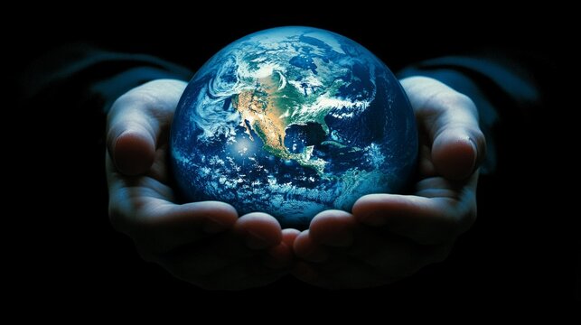 Hands hold a globe with blue oceans and green continents, symbolizing care for the planet. Suitable for environmental projects and initiatives to protect the environment.