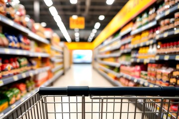 shopping cart handle with yellow grip red accents,Shopping cart in supermarket.Part of shopping trolley in supermarket aisle.Blurred shelves in grocery store and trolley.Copy space for text or design
