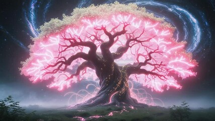 Glowing ancient gnarled tree spreading pink veins golden sparks across meadow, from cosmic swirl - Powered by Adobe