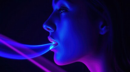 Woman's profile illuminated with vibrant neon lights. Artistically expressive and evocative mood lighting.