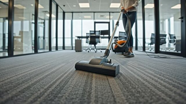 Modern office cleaning vacuuming carpet floor