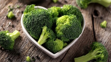 The vibrant broccoli filling a heart-shaped bowl on rustic wooden surface.