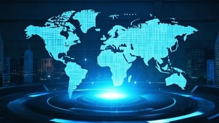 Global Network Digital World Map Futuristic Technology Hologram Animation Cityscape Background Seamless Loop 4 K Ultra H D Broadcast Quality Visual Effects Presentation Corporate