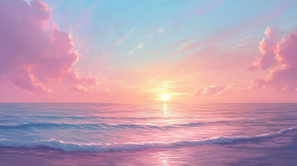 Obraz premium Dreamscape Sunset by the Sea: Painted with pastel hues, the sky and sea merge in a serene panorama of gentle waves lapping a quiet shore as the sun descends in a breathtaking display of color.