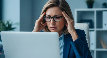 Overwhelmed Businesswoman: Capturing the raw emotion of a businesswoman, experiencing stress and strain at her desk, engrossed in her laptop and business tasks.